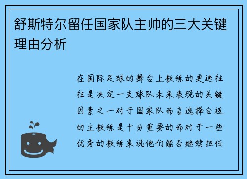 舒斯特尔留任国家队主帅的三大关键理由分析 舒斯特尔留任国家队主帅的三大关键理由分析
